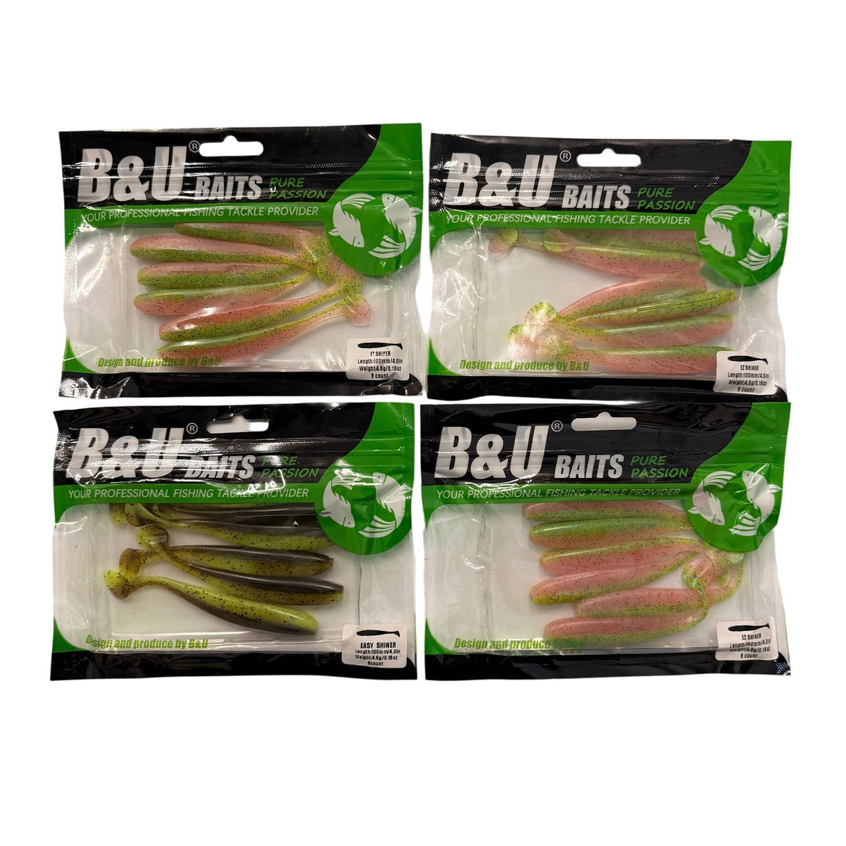 Set of 4 (6 pcs Each) B&U Baits Easy Shiner 4" Fishing Soft Lures Green Pink