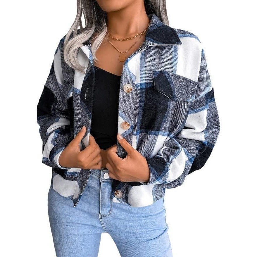 Womens Size S Casual Plaid Shacket Long Sleeve Wool Blend Button Down Shirt Jac