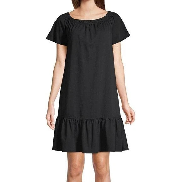 Lands' End Women's M-1X LONG Cotton Off Shoulder Ruffle Hem Swim Coverup Dress