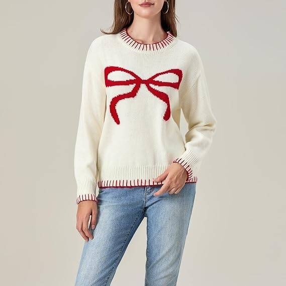 MSRP $41 Fabumily Women's L White Bow Sweater Y2k Crewneck Long Sleeve Knitted