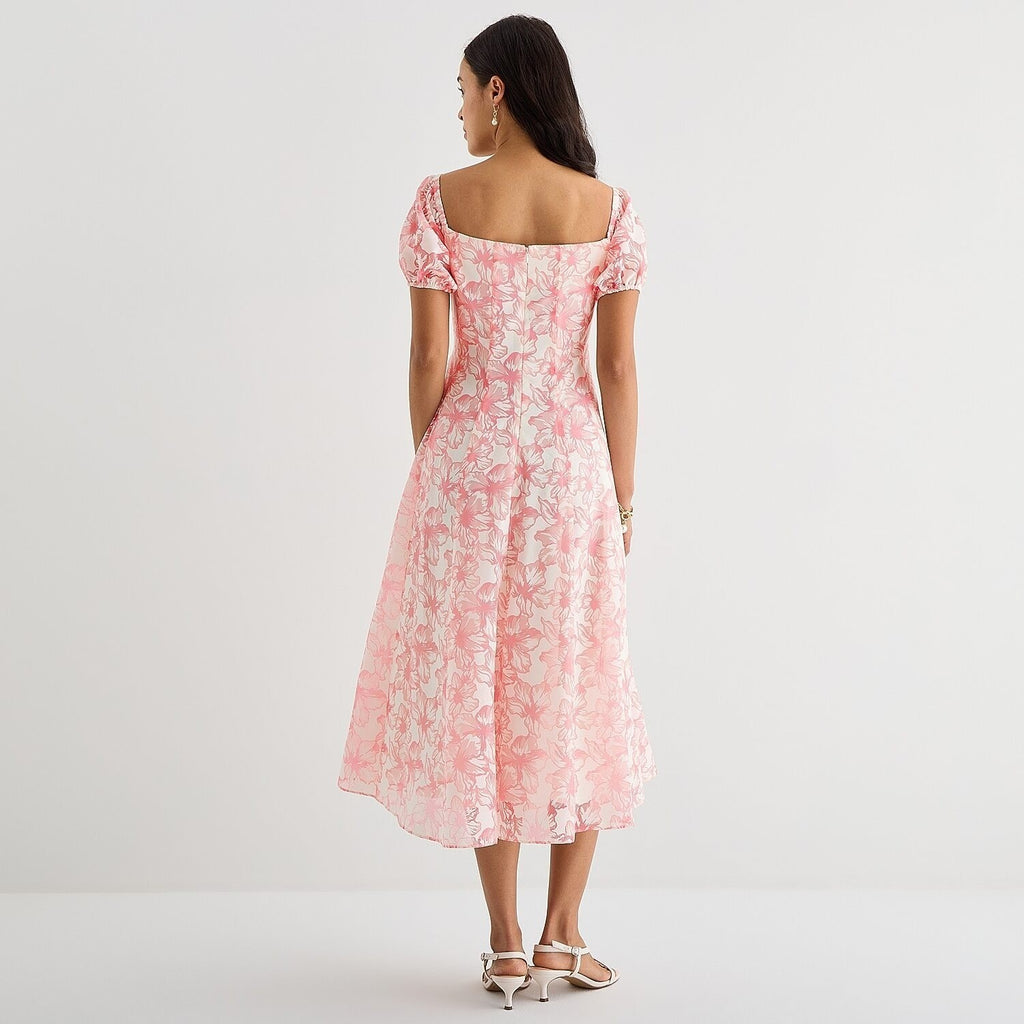 MSRP $94 Melonie T Womens 14 Ivory Pink Floral Midi Dress Square Neck Short