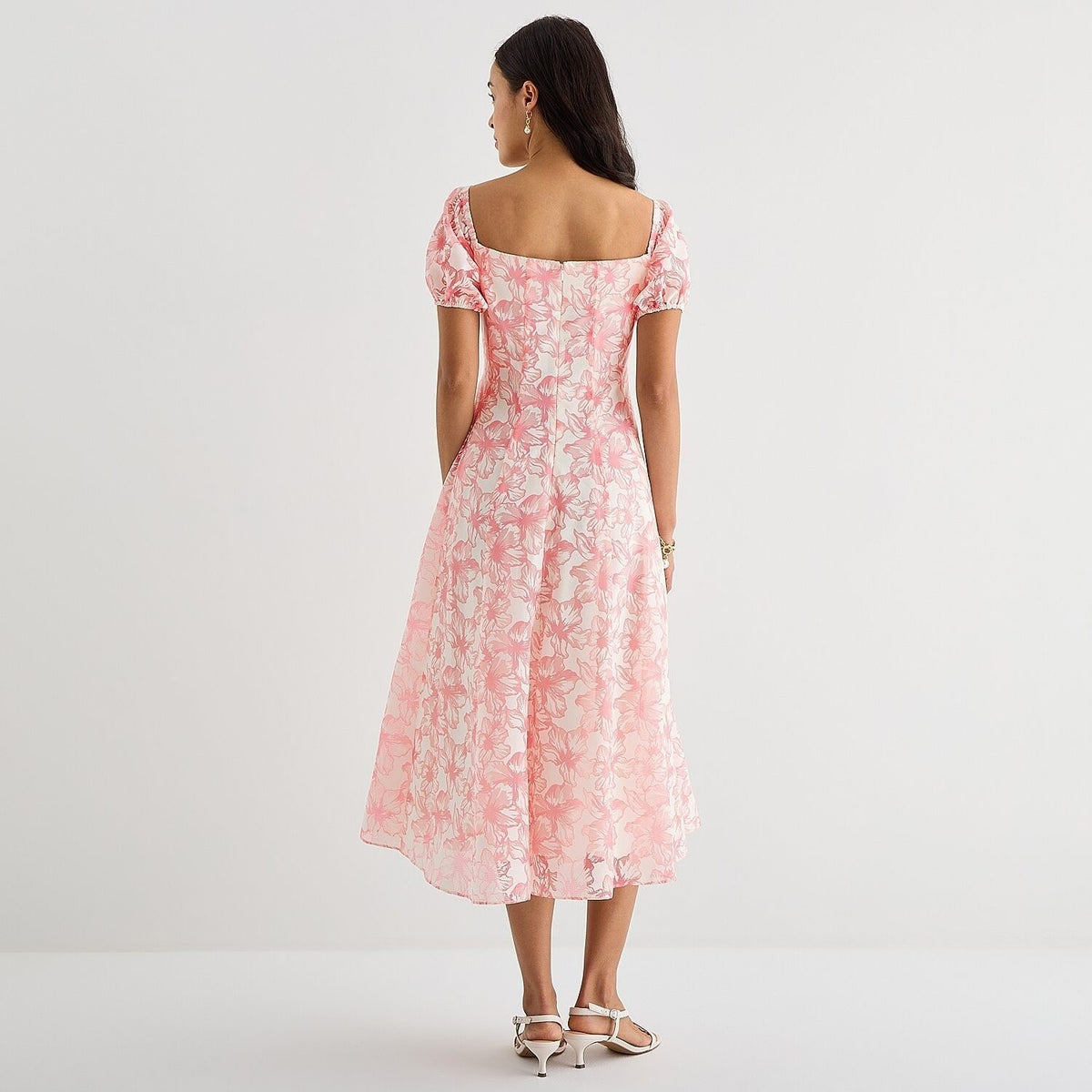 MSRP $94 Melonie T Womens 14 Ivory Pink Floral Midi Dress Square Neck Short
