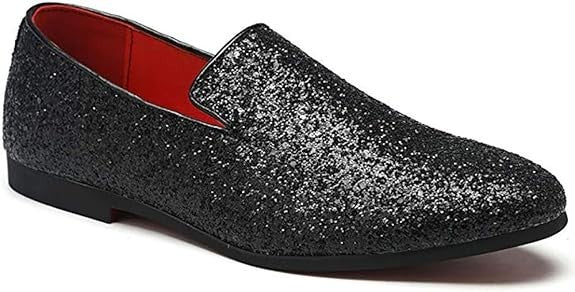 Santimon Men's US 6.5 - 12.5 Black Glitter Slip-On Loafers Sequin Dress Shoes
