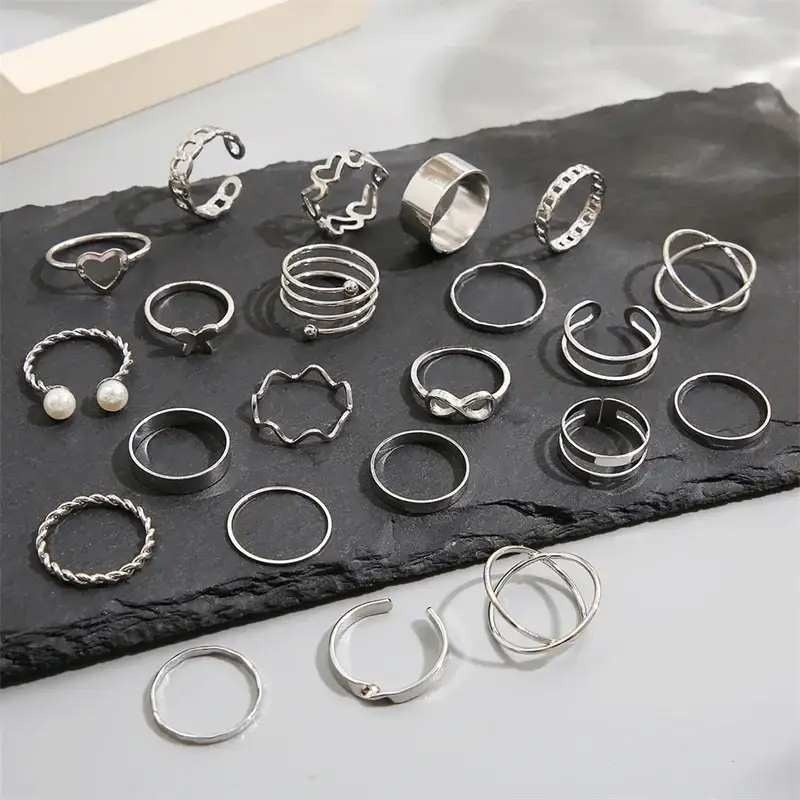 Set of 22 Silver Tone Knuckle Rings for Women Boho Stackable Butterfly Heart