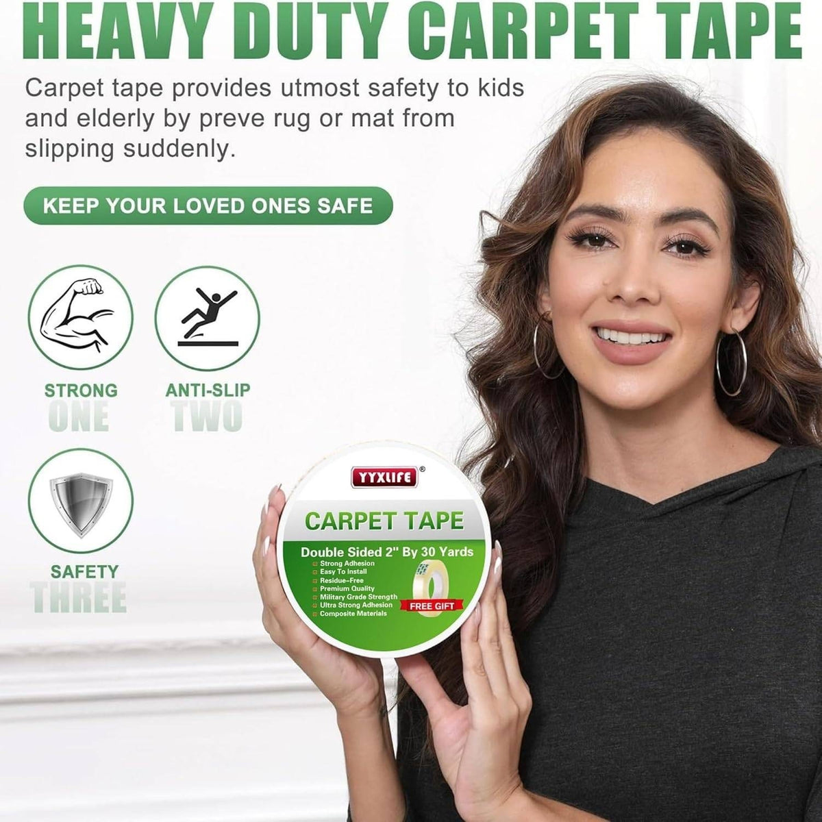 YYXLife Double Sided Rug Tape, Heavy Duty for Rugs & Floors, 2" x 30YD Carpet