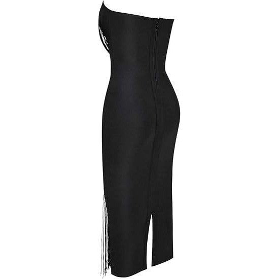 UONBOX Women's XL Black Strapless Elegant Tassel Tube Bodycon Bandage Dress