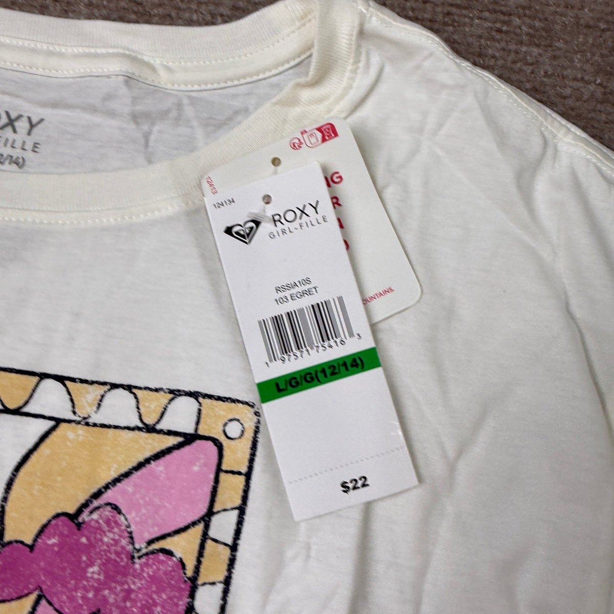 MSRP $22 Roxy Girls L 12-14 Egret Sun-Kissed Short Sleeve Oversized Fit Logo Tee