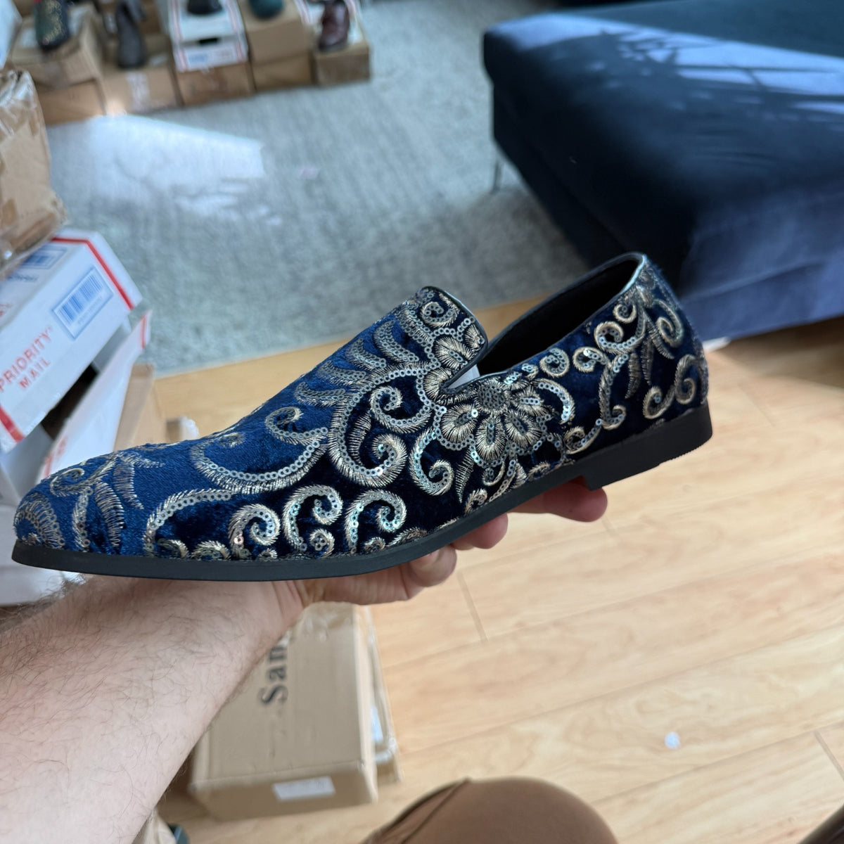 Santimon Men's US 6-12.5 Blue Velvet Silver Stitching Smoking Loafers Shoes