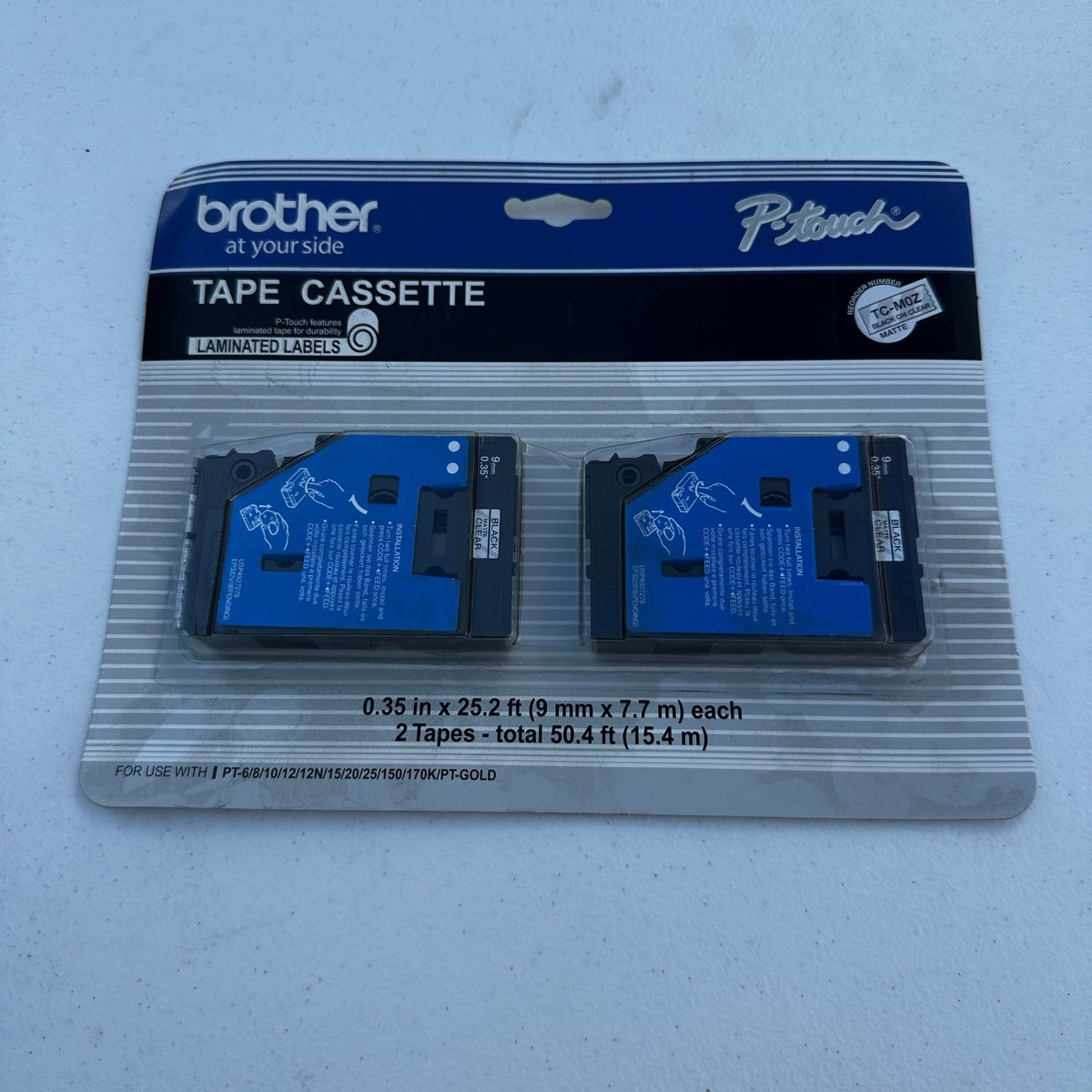 Pack of 2 Brother P-Touch TC-M0Z 0.35" x 25.2 ft Black On Clear Matte Tape