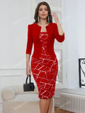 HOMEYEE Women's 2XL Printed Patchwork Elegant Striped Red Pencil Dress With 2 In