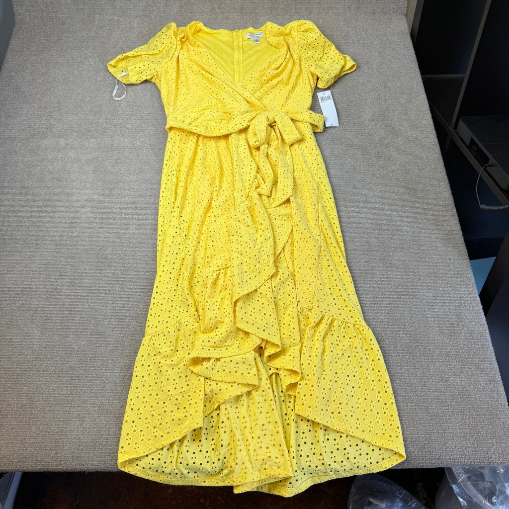 MSRP $89 London Style Women's 10 Snapdragon Yellow Midi Dress V Neck Short