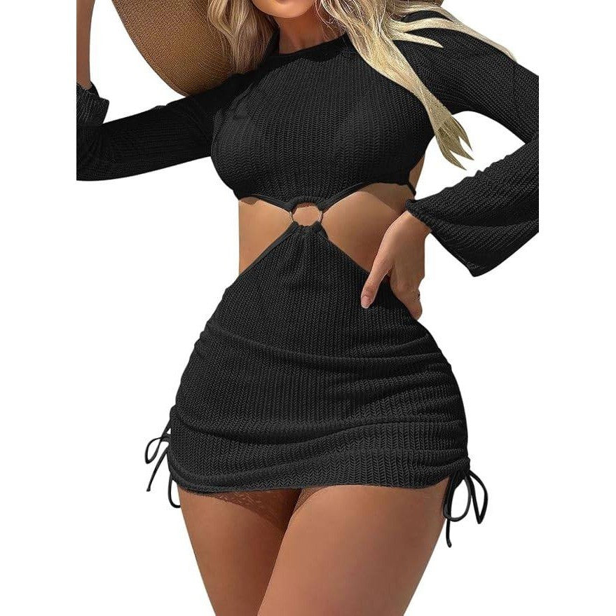MSRP $44 Lilosy 3 Piece Women's S Black Bikini Sexy O Ring Cutout Long Sleeve