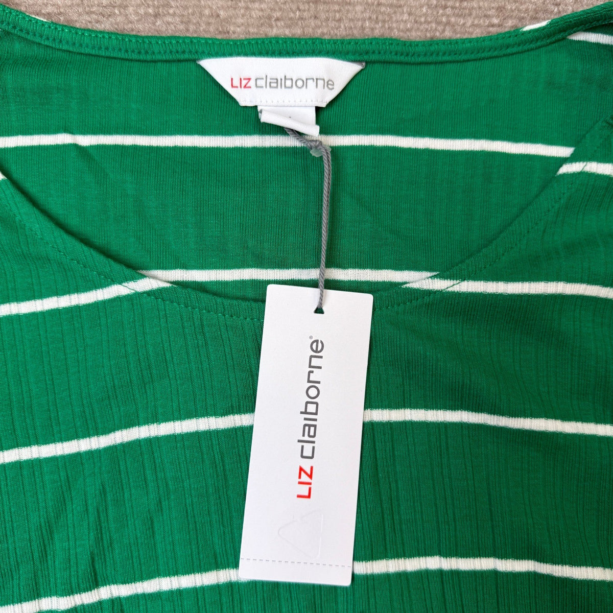 NWT Liz Claiborne Womens 1X Hyper Green Stripe Short Sleeve T-Shirt Round Neck