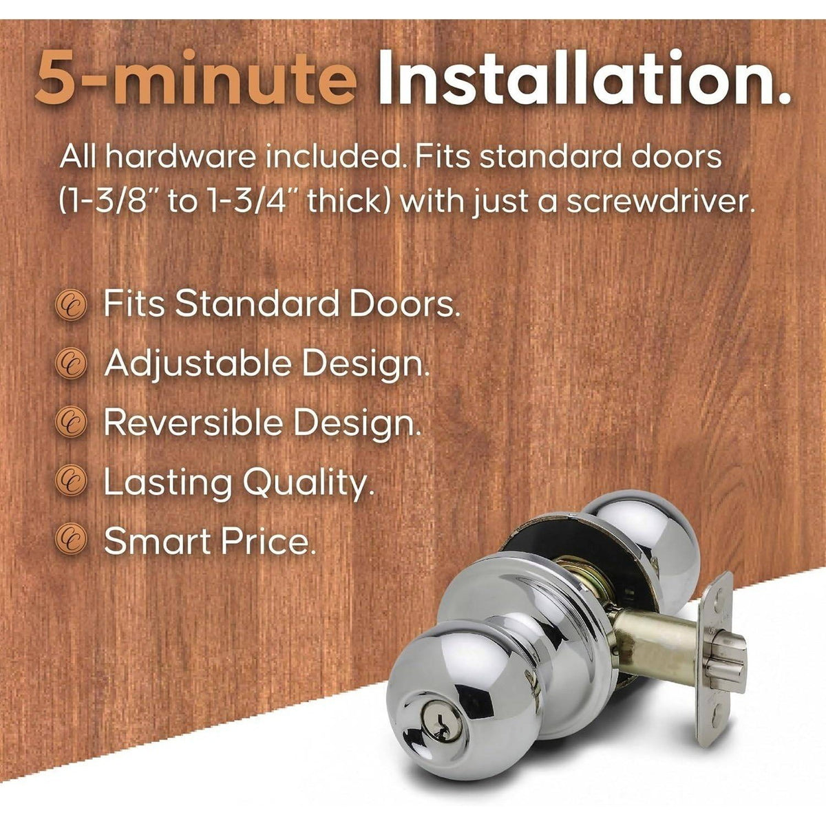 Copper Creek BK2040PS Ball Door Knob, Keyed Entry Function, Polished Stainless