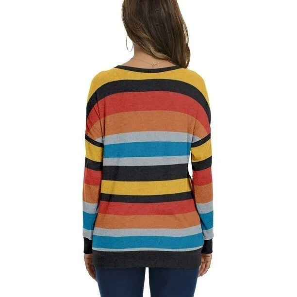 JuneFish Women's 18W Striped Long Sleeve Shirt Casual Top Loose Tunic