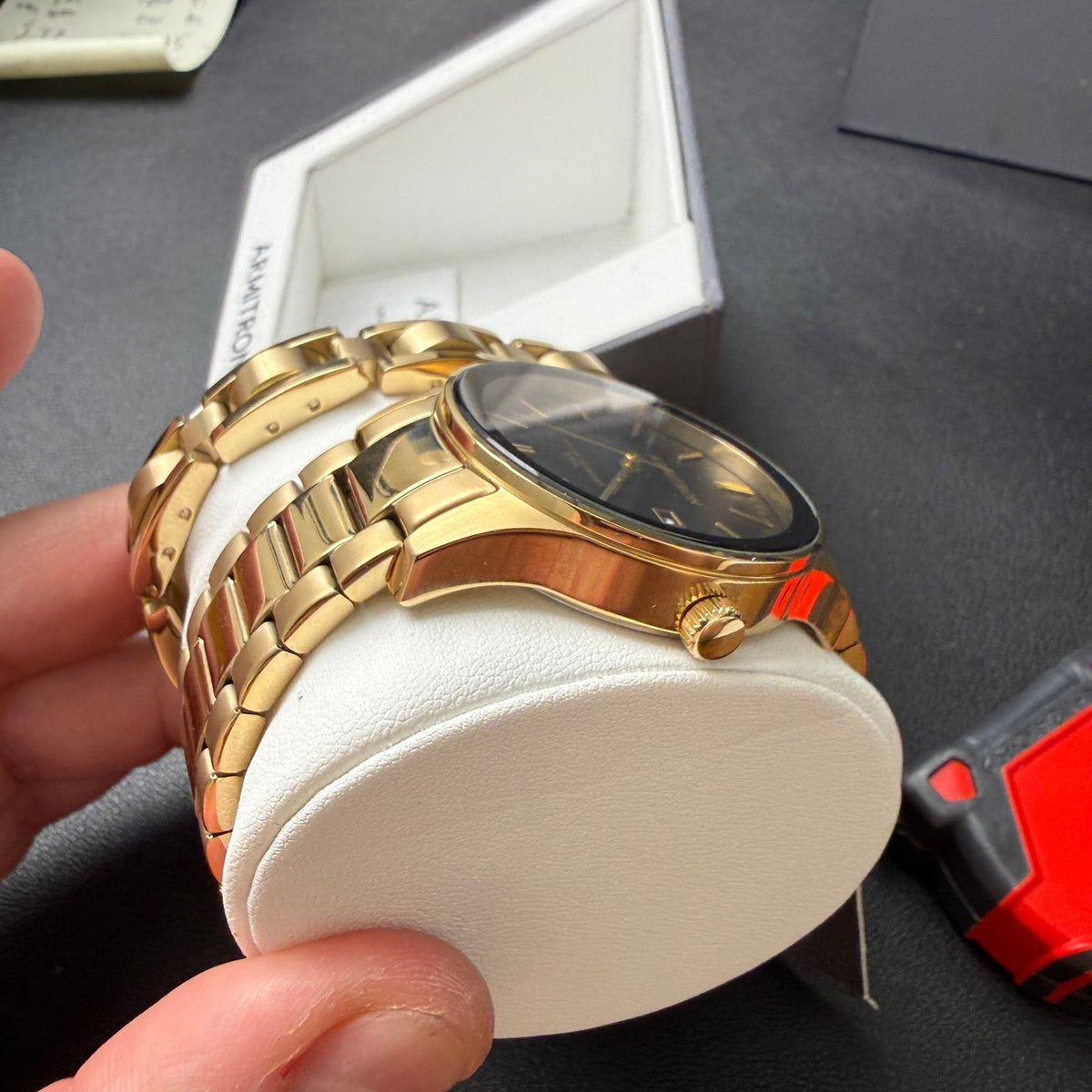 MSRP $105 Armitron 20/5374GP Men's Gold Tone Watch and Bracelet Set New Battery