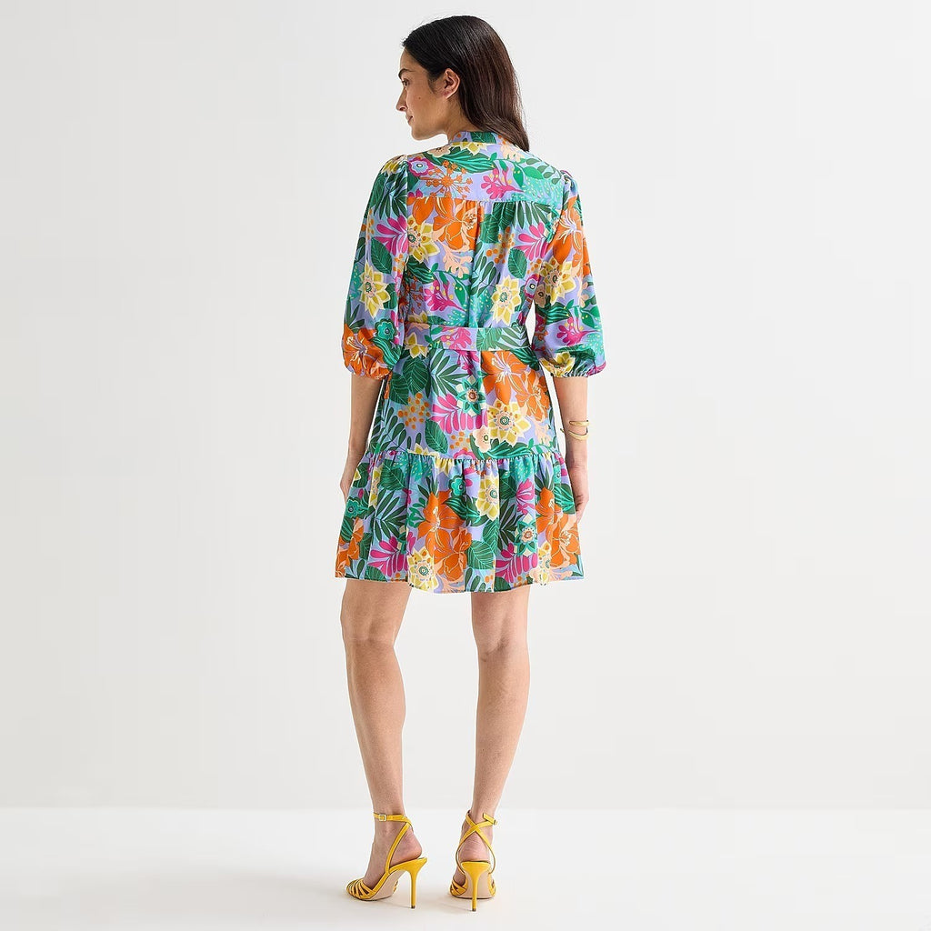 MSRP $89 Willow Glenn Womens 14 Green Multi Floral 3/4 Sleeve Balloon Dress