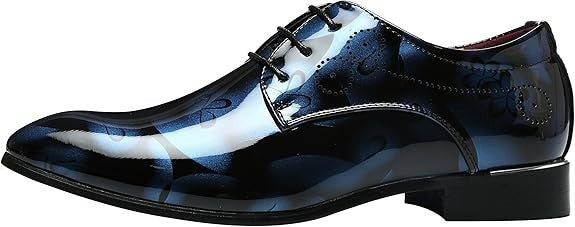 Santimon Men's US 9.5 - 12 Blue Floral Printed Patent Leather Dress Oxford Shoes