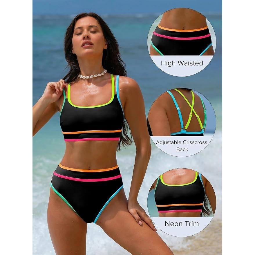 MSRP $42 popvil Women's L High Waisted Bikini Set Neon Two Piece Swimsuit
