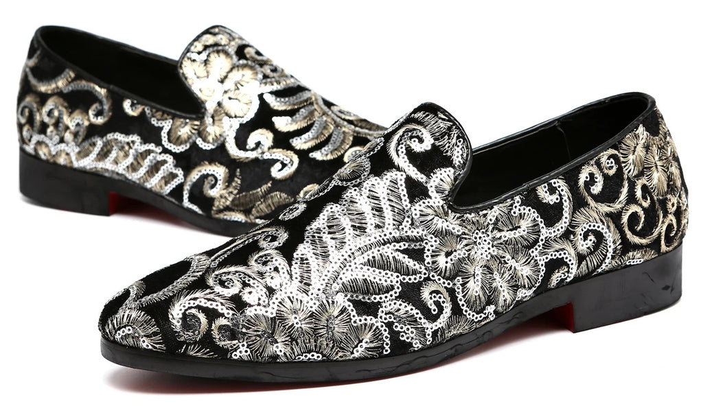 Santimon Men's US 9.5, 12 Black Velvet Gold Stitching Sequins Loafers Shoes