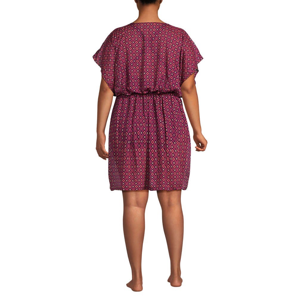 Lands End Womens L-1X LONG Sheer Oversized Short Sleeve Gathered Waist Swim Dres