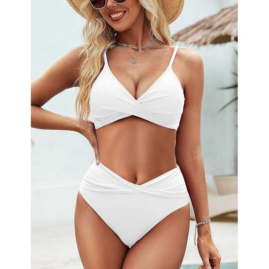 MSRP $39 Zojuyozio Women's L Two Piece Swimsuit Twist Front Bikini Set Whit