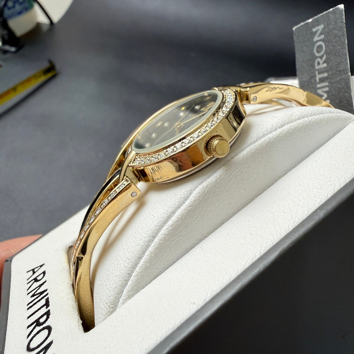 MSRP $85 Armitron 75/5720 Women's Gold/Black Tone Watch and Bracelet Set New B