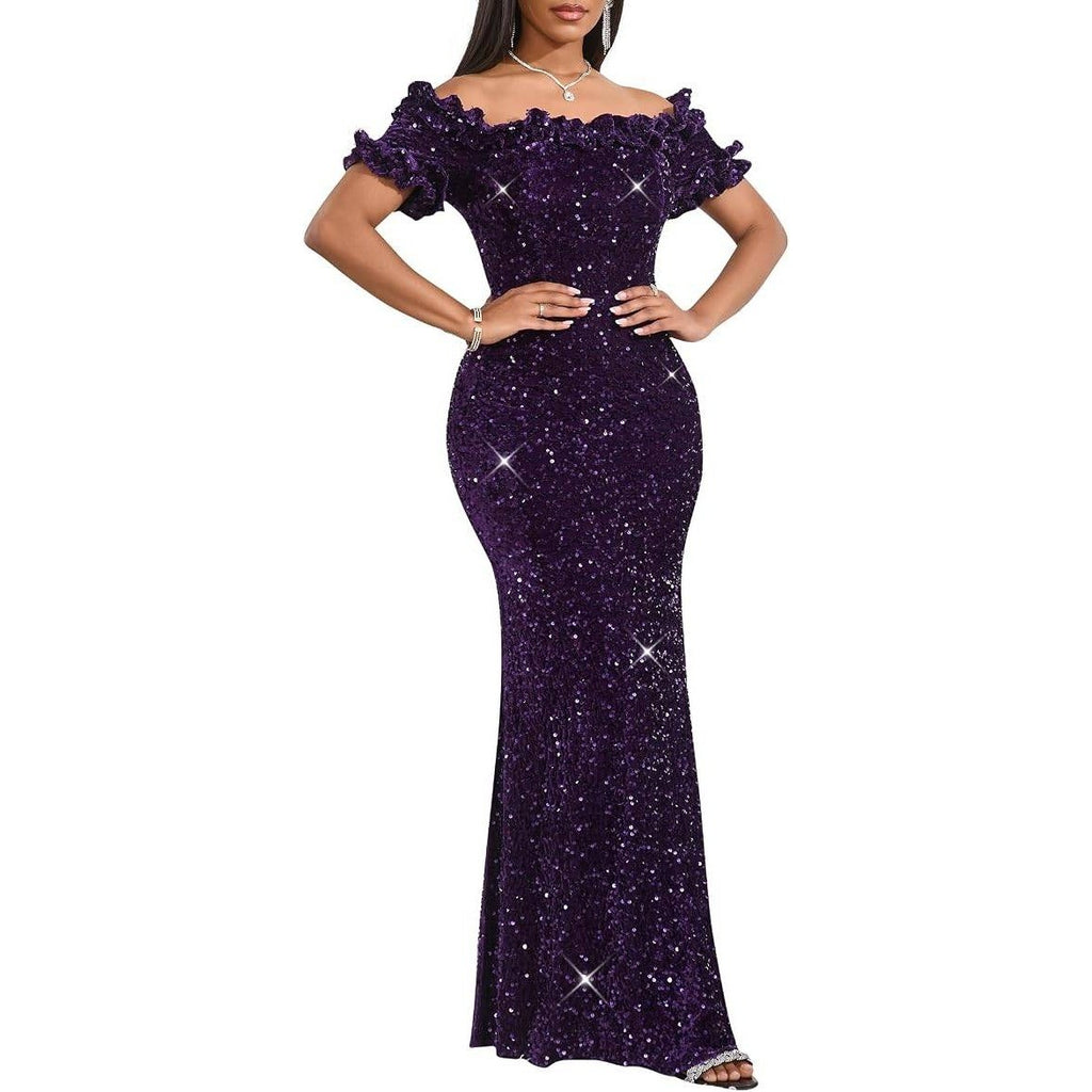 MSRP $79 dasmzper Womens M Purple Sequin Off Shoulder Ruffle Mermaid Maxi Dress