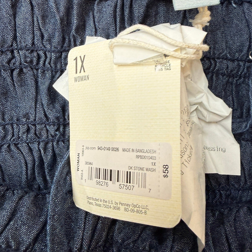 MSRP $58 A.N.A Womens 1X Dark Stone Wash Smocked Square Neck Sleeveless Tank Top