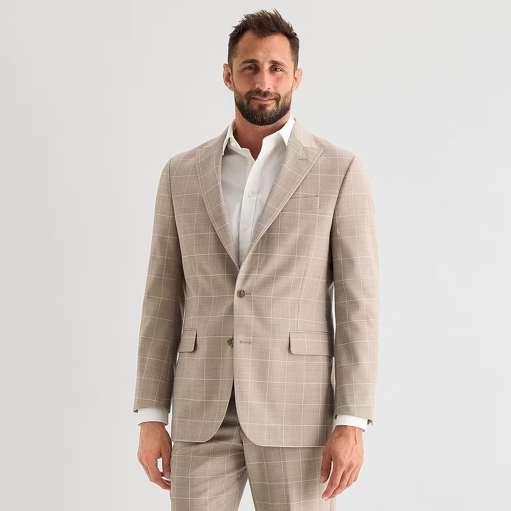 MSRP $260 Stafford Coolmax Mens 44 Tan Windowpane Classic Fit Suit Jacket All S