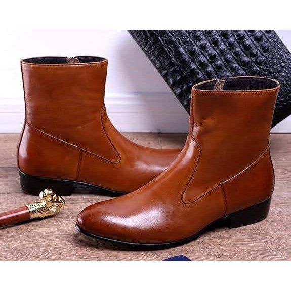 Santimon Men's US 8 Brown Leather Sleek Cut Zipper Above Ankle Dress Boots