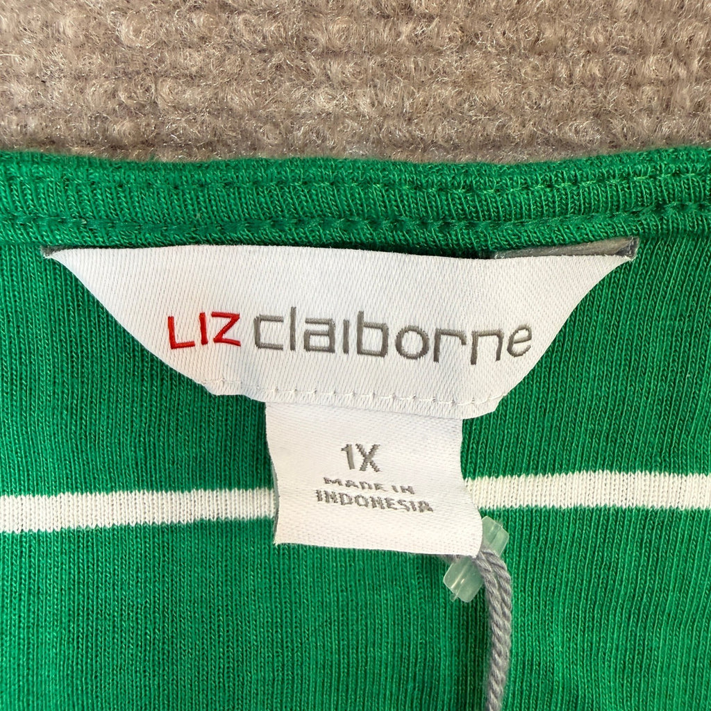NWT Liz Claiborne Womens 1X Hyper Green Stripe Short Sleeve T-Shirt Round Neck