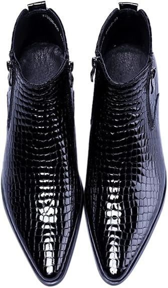 Santimon Men's US 7 - 11 Black Alligator Patent Leather Zipper Ankle Boots