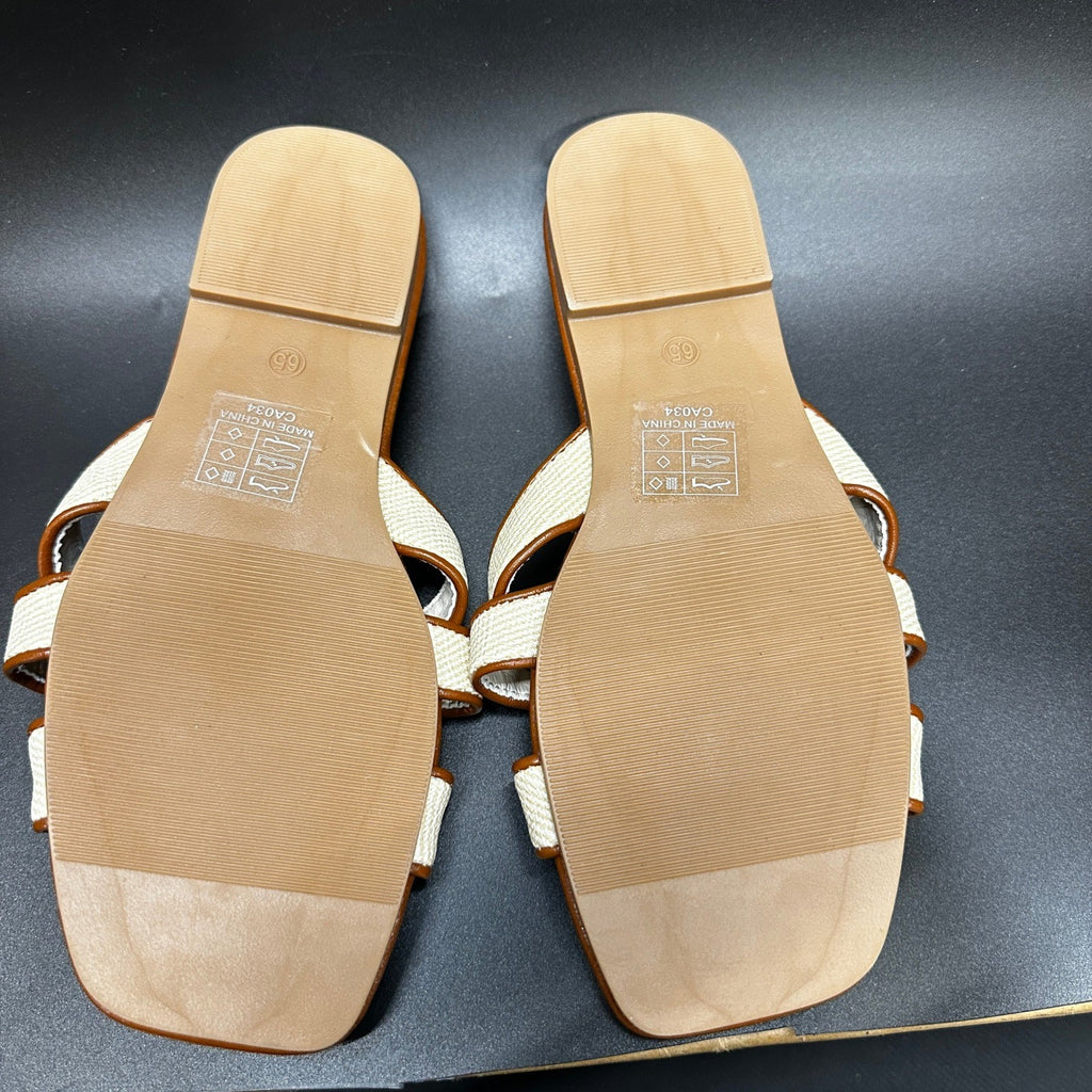 Putu Women's US 6.5 Brown Flat Slide Sandals, Square Toe, Braided