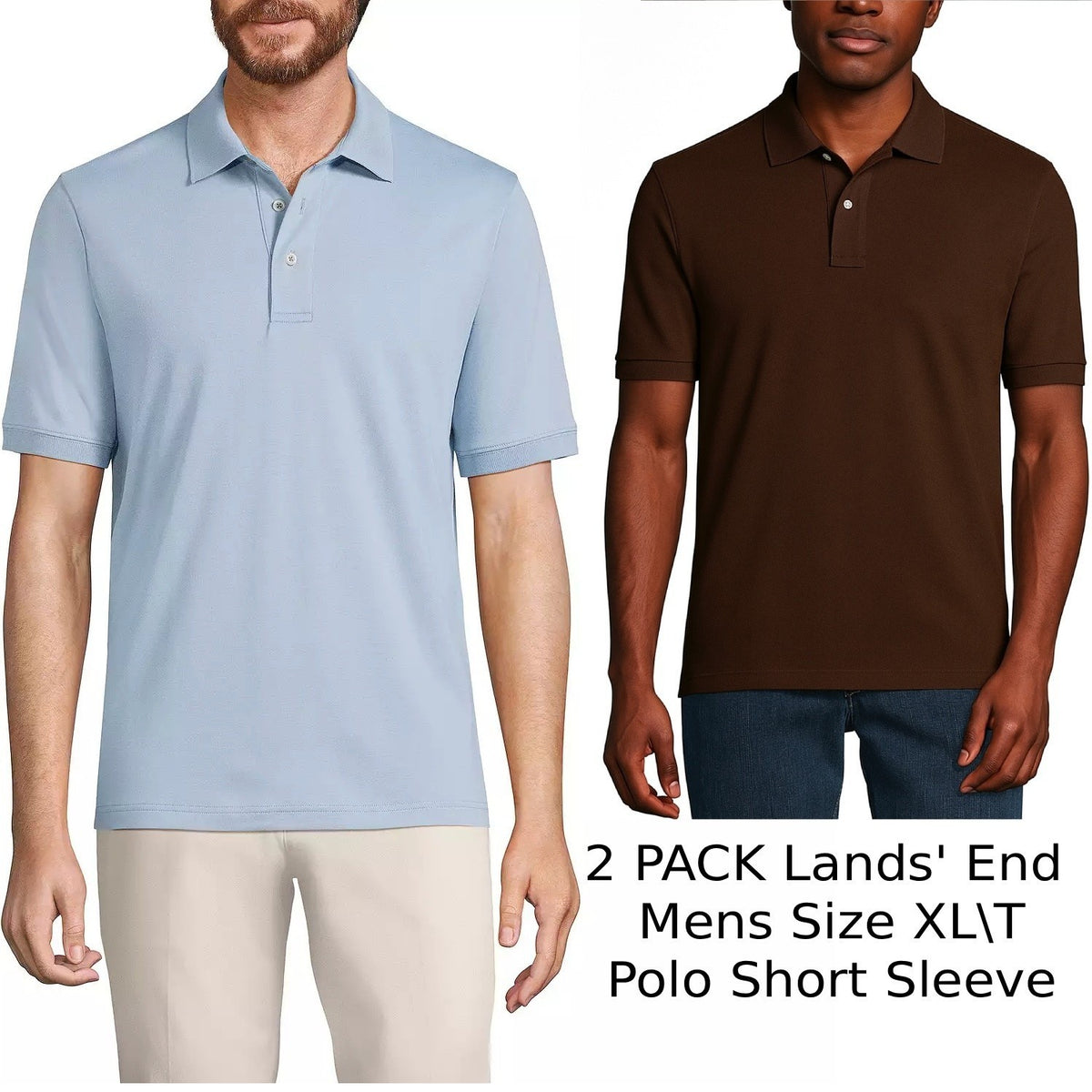 2 Pack Lands' End Mens XL/T Rich Coffee, Soft Blue Haze Polo Shirt Short Sleeve