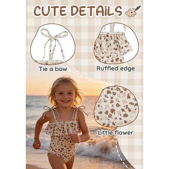Zando Toddler 2-3T Khaki Flowers Swimsuit Girl Cute Ruffle Adjustable Bathing