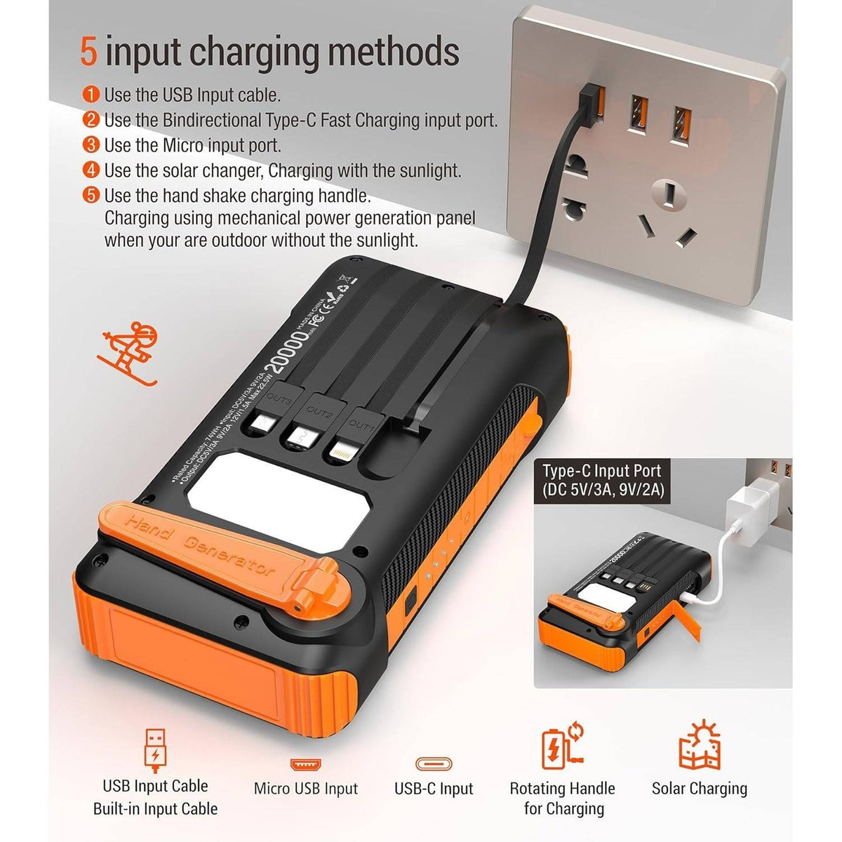 Solar Power Bank 20000mAh Orange Built in Hand Crank 4 Cables 22.5W Fast Charge