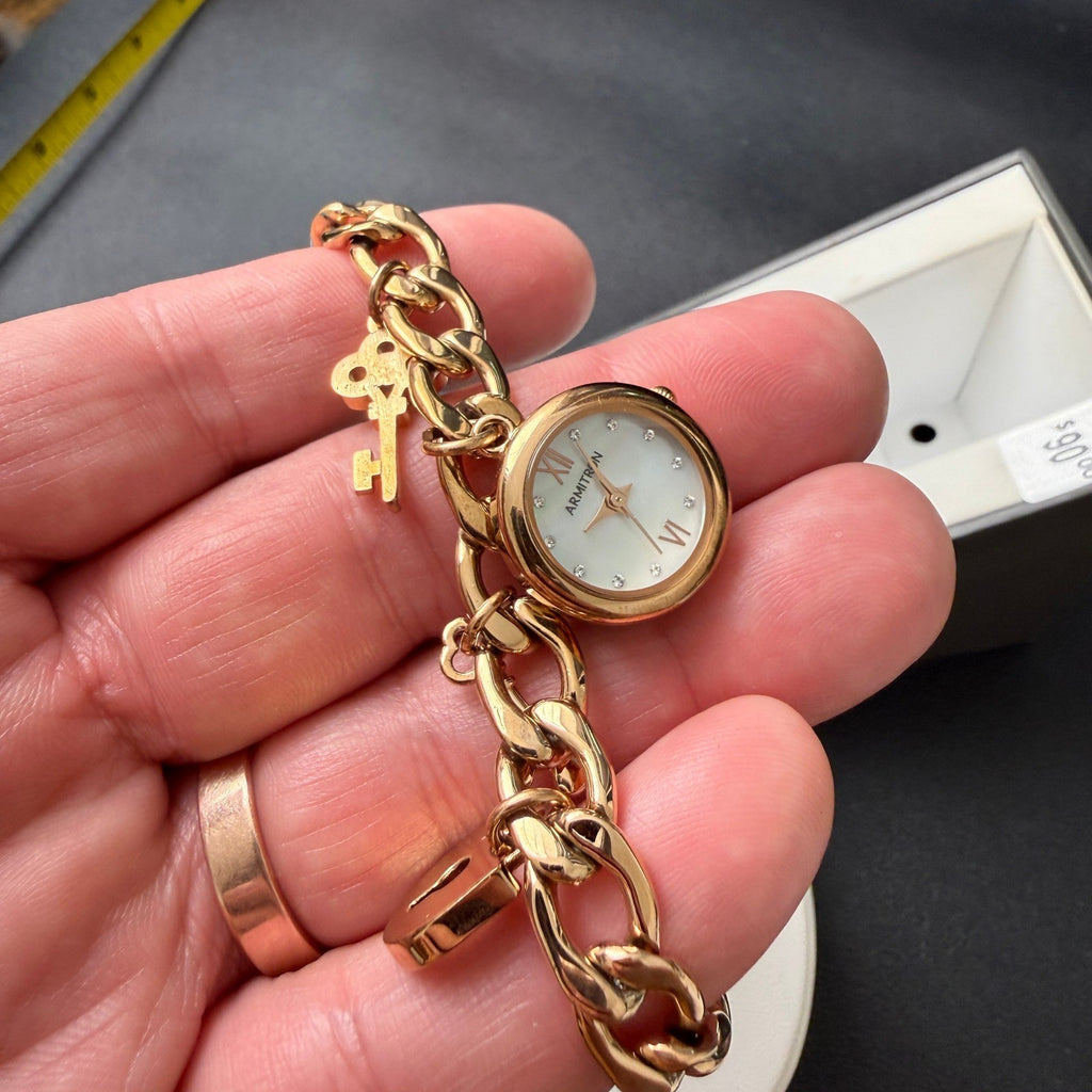 MSRP $90 Armitron 75/5620RG Rose Gold Key & Lock Charm Ladies Watch New Battery