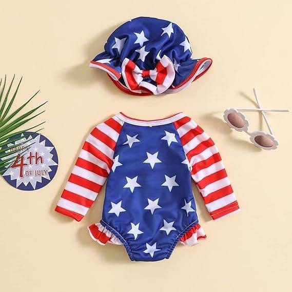 MSRP $26 Baby Girl 90 (6-12M) American Flag Long Sleeve Zipper One Piece Swimsu