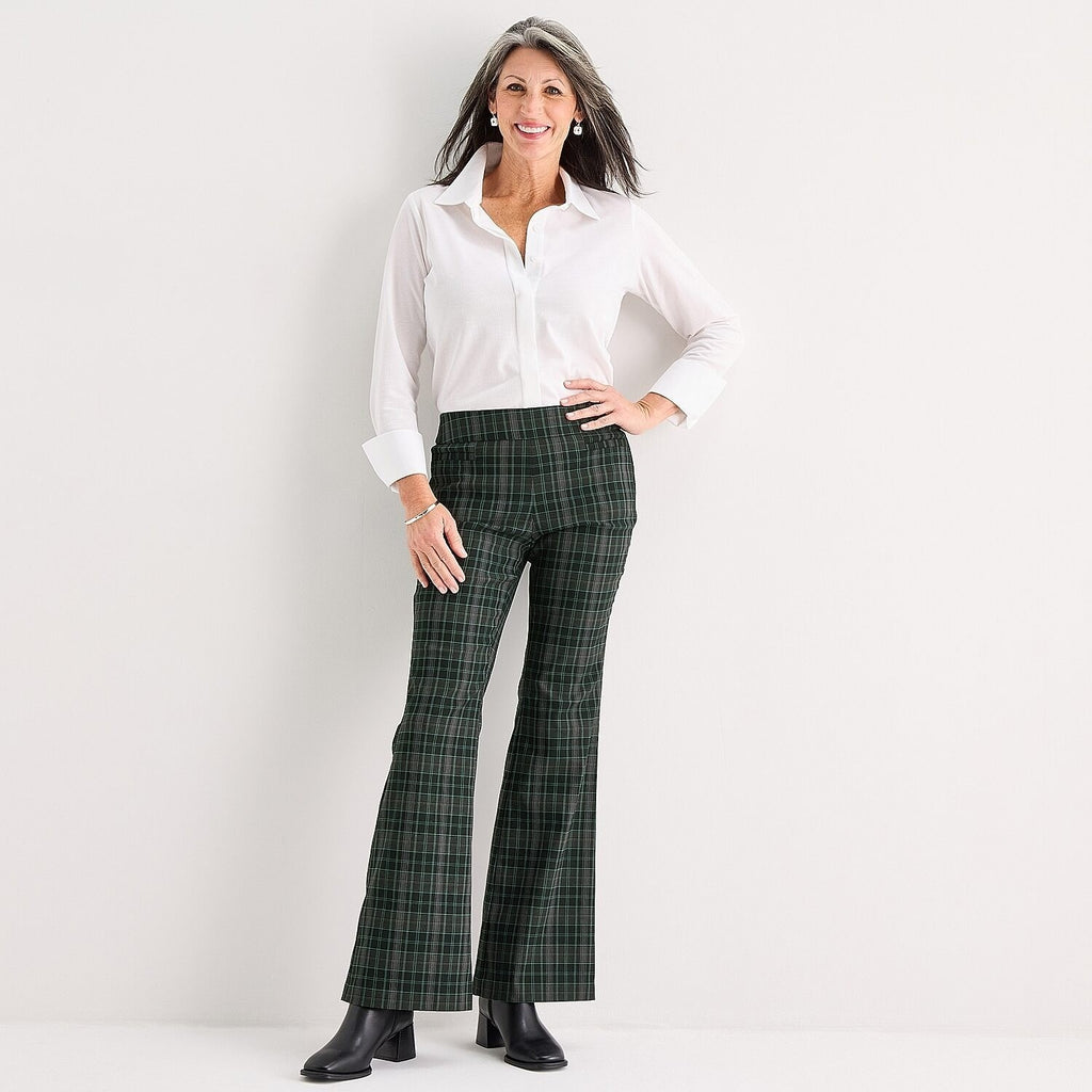 MSRP $54 Liz Claiborne Lisa Womens 12 Tall Black Green Plaid Flare Pull-On Pant