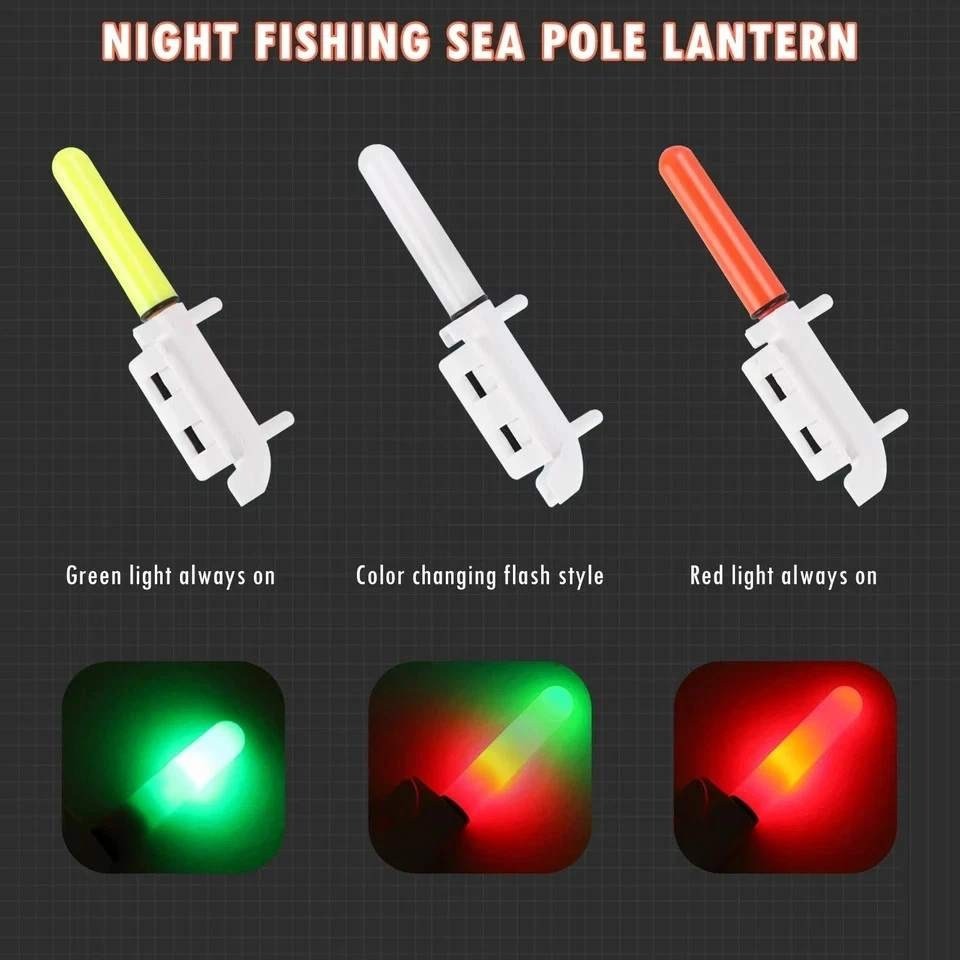 Set of 3 Fishing Rod Tip Lights LED Glow Sticks Bite Alarm Bells Red, Green