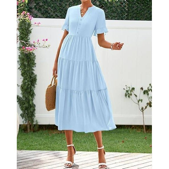 MSRP $26 BTFBM Women's XL Sky Blue Summer Dresses V Neck Loose Short Sleeve