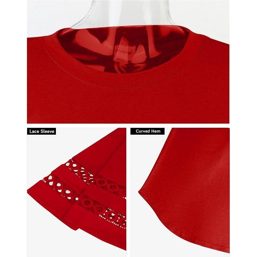 XIEERDUO Women's M 3/4 Length Sleeve Top Crewneck T-Shirt Loose Fit Blouse Red