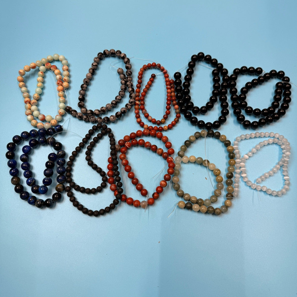 Set of 10 Natural Gemstone Round Beads Strands 15" Sizes 6,8,10 mm 14oz №B18