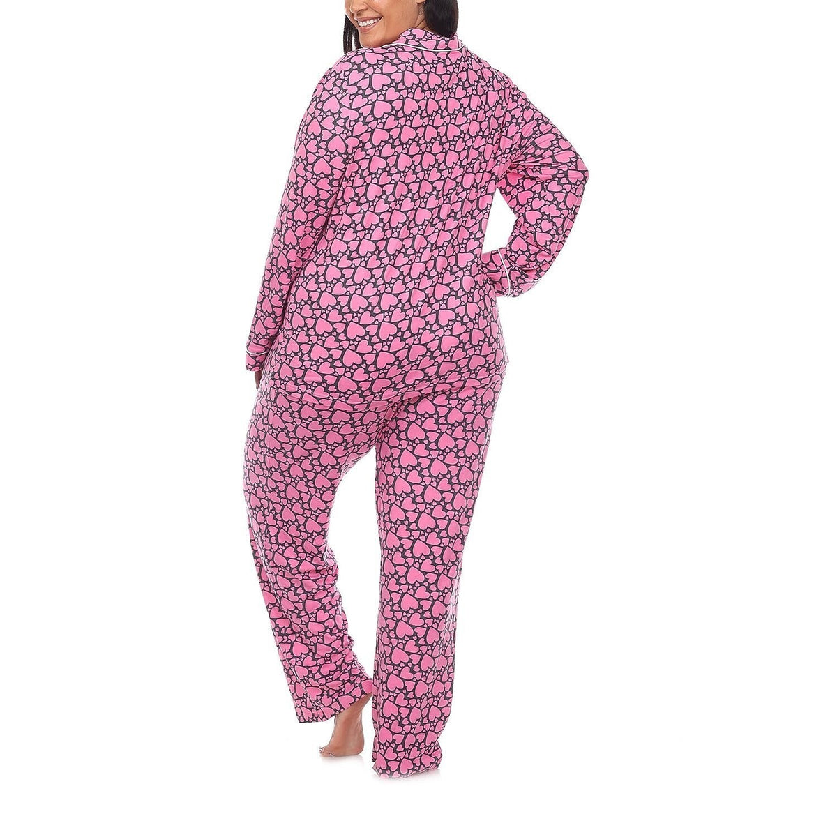 MSRP $48 White Mark Womens 1X Pink Hearts Long Sleeve 2 Piece Pajama Set