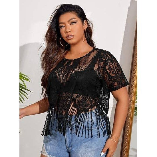 MSRP $24 SOLY HUX Women's Black 3XL Plus Size Sheer Lace Fringe T-Shirt