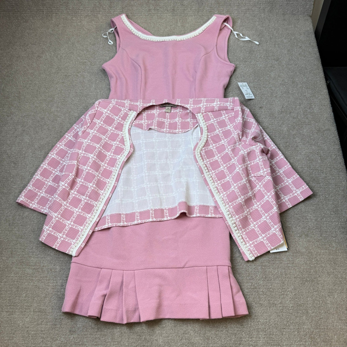 MSRP $94 Maya Brooke Womens 10 Blush/White Grid Jacket Dress Crepe Pearl Trim