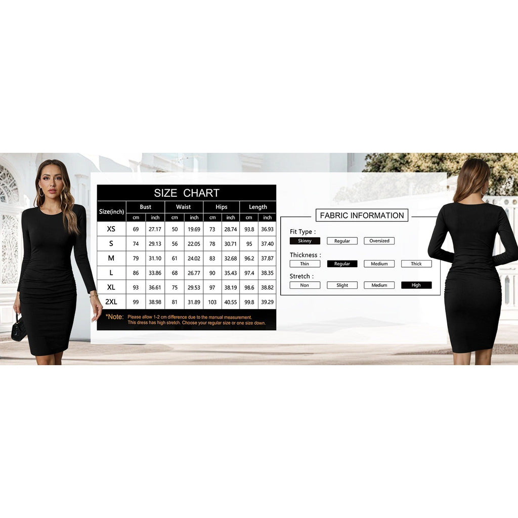 Missufe Women's M Black Long Sleeve Ruched Casual Sundress Bodycon Sheath Knee