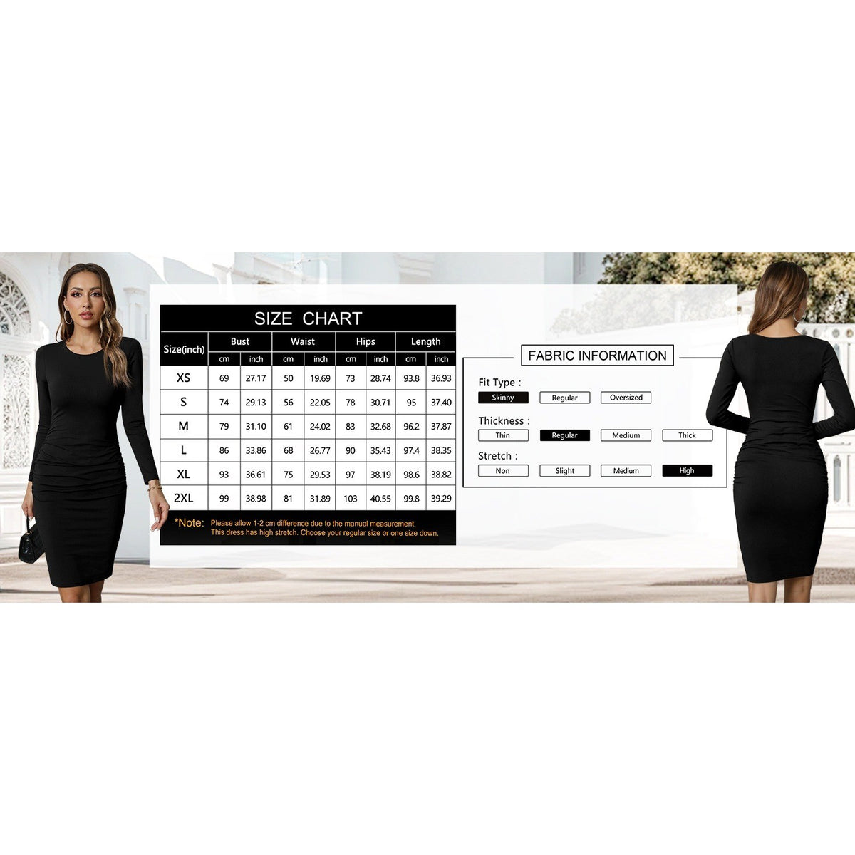 Missufe Women's M Black Long Sleeve Ruched Casual Sundress Bodycon Sheath Knee