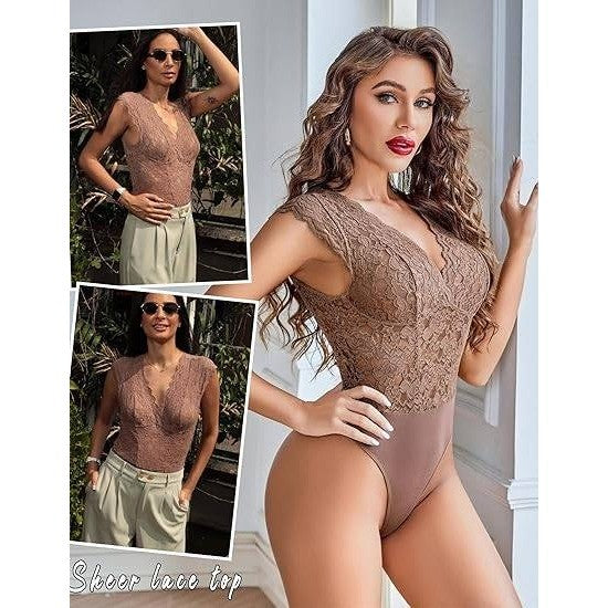 MSRP $26 Avidlove Women's S Brown Lace One Piece Bodysuits Sexy V Neck Sheer